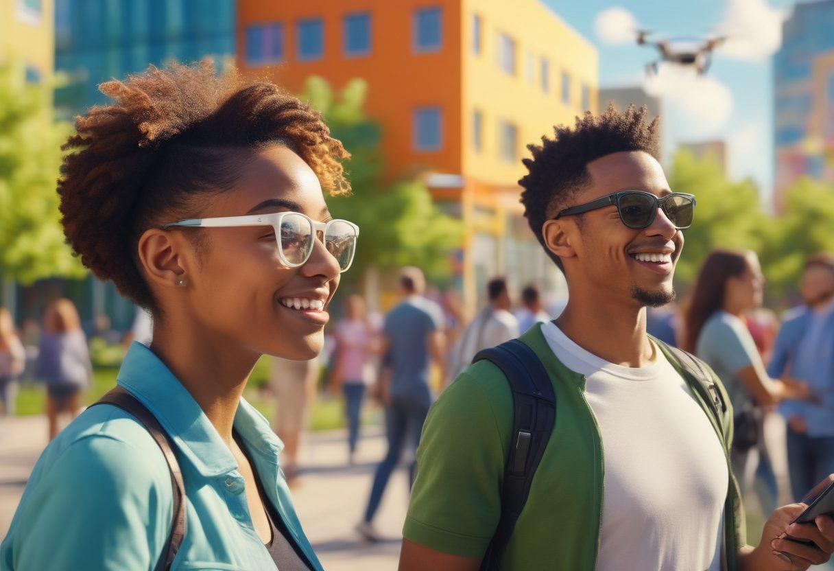 A vibrant community scene showcasing diverse individuals engaging in technology use, with joyful expressions. In the background, colorful modern buildings symbolize innovation and connectivity, while green parks and tech-related elements (like drones or smart devices) create an inviting atmosphere. Emphasize togetherness and satisfaction among the community, accentuated by warm sunlight. vibrant colors. super-realistic. high detail.