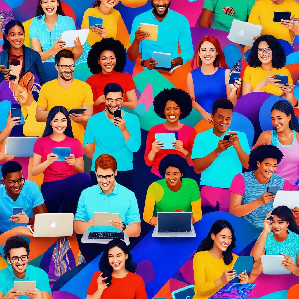 A colorful collage representing digital happiness, with diverse people using various devices like smartphones, tablets, and laptops, all smiling and engaging with each other. The background features vibrant, abstract patterns symbolizing connectivity and technology, including signals and waves. Bright, cheerful colors dominate the scene to evoke feelings of joy and positivity. super-realistic. vibrant colors. 3D.